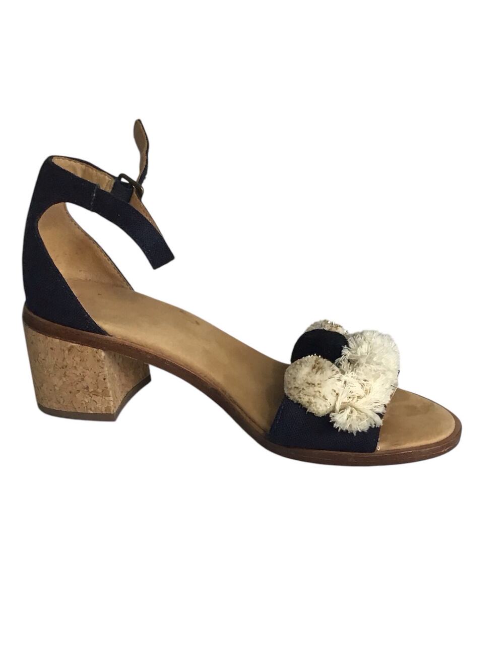 Soludos Capri Pom Pom Block Heel Navy Strap Sandals Women SZ 6.5 Navy EUC Resort